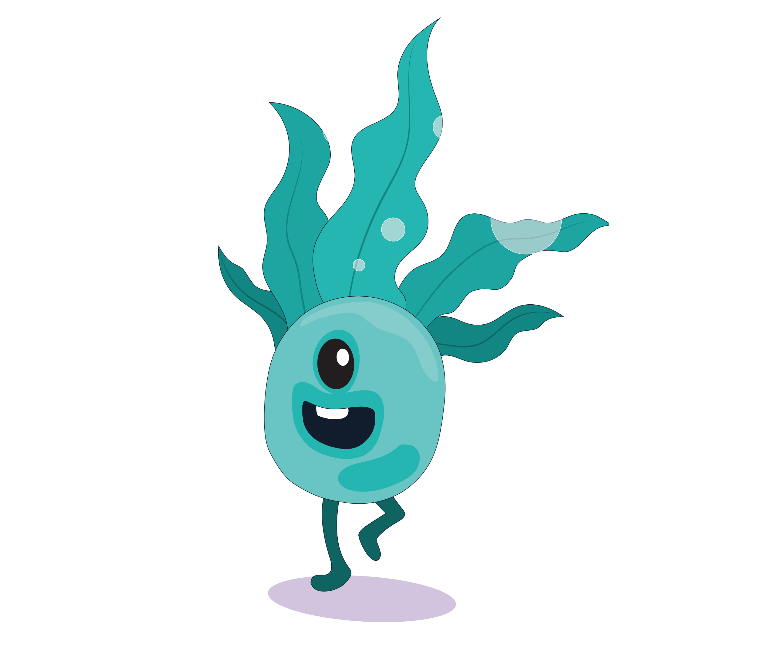 Blue plant monster with shadow and bubbles